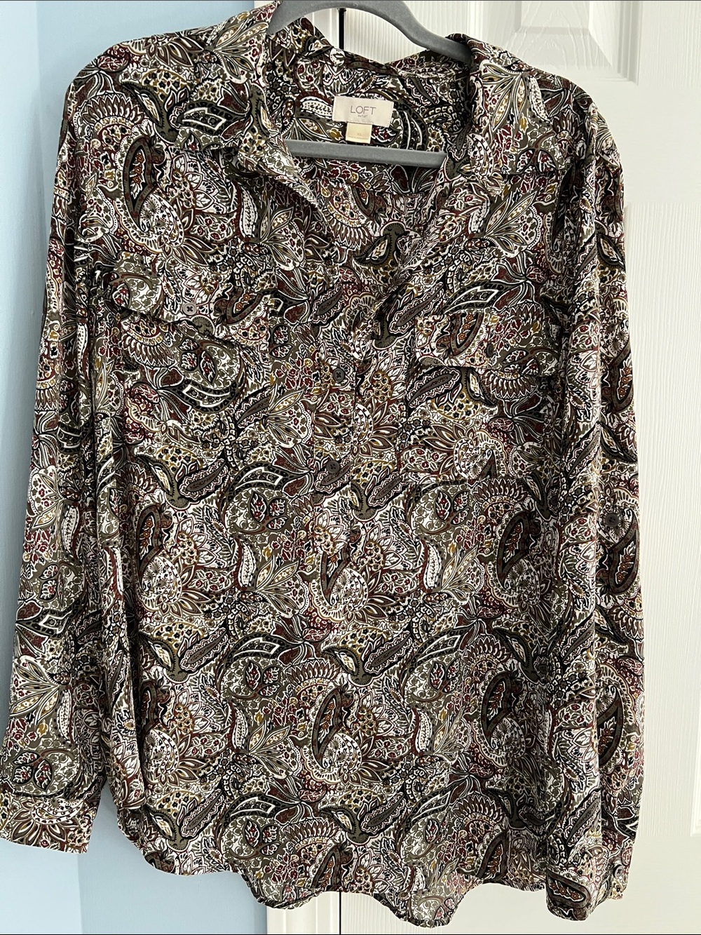 LOFT Paisley Button-Down Blouse in Brown and Cream